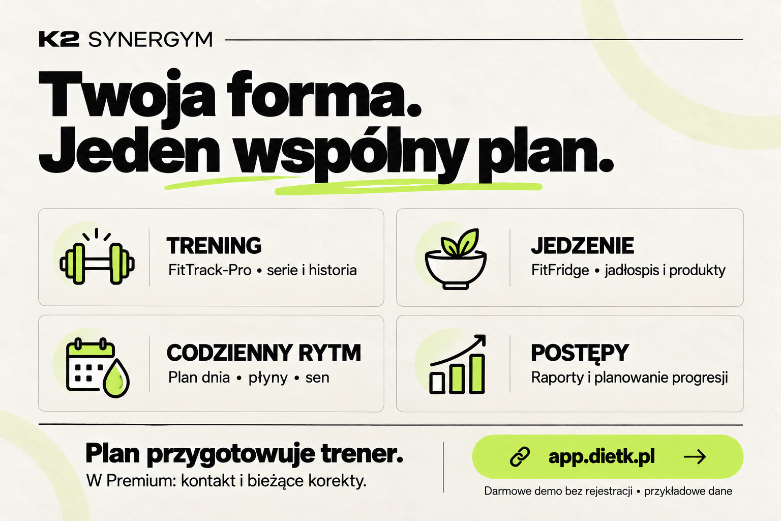 Trening, FitFridge, codzienny rytm i postępy w K2 Synergym. Plan przygotowuje trener; Premium obejmuje kontakt i korekty.